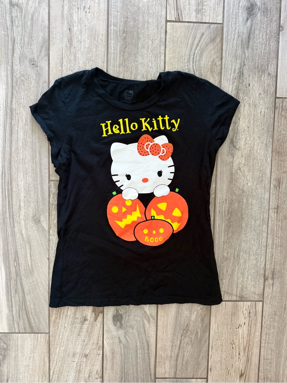 Hello Kitty Black Halloween Graphic Tee with Orange Pumpkins